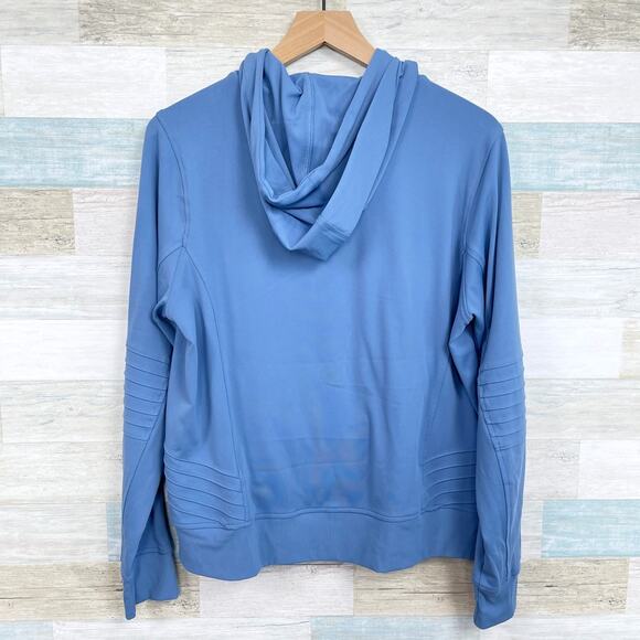 Athleta Venice Moto Tech Hoodie Sweatshirt Blue 1/4 Zip Stretch Womens Large - Picture 3 of 8